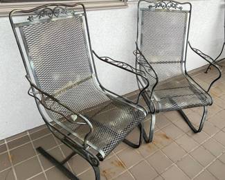 Possibly Russell Woodard Pair of Wrought Iron Outdoor Patio Bouncer Armchairs