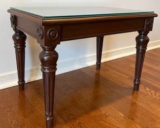 British Colonial Style Cane And Glass Top Mahogany Coffee Table