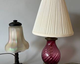 Two Table Lamps: Leviton Cranberry Glass Lamp & Art Nouveau Style Lamp with Iridescent Shade