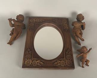 Carved Angles or Putti and Carved Wood Frame Mirror