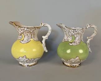 Two La Belle China Water Pitchers - Mint Green And Yellow Each With With Gold Rim And Decoration