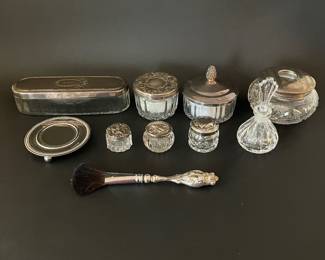 Group of 10 Vintage Glass and Sterling / Silver Plate Dressing Table Items (Waterford, Alvin and Towle)