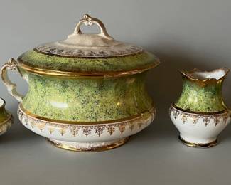 Set of Antique Homer Laughlin Green and Gold Porcelain China Tableware, C. 1900