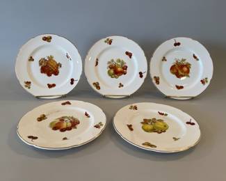 Set Of 5 Royal Grafton Fine Bone China Made In England, 8" Dessert Plates With Fruit Decoration And Gold Trim