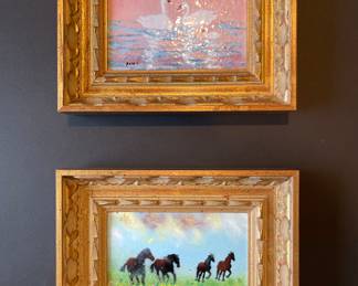 Pair of Wildlife Paintings: Fumina, Horses Galloping and Rossi, Swans On Water, Enamel on Copper