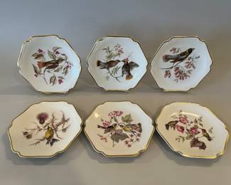 Set Of 6 Mitterteich 8" Dessert Plates With Bird And Botanical Decoration With Gold Trim, Bavaria