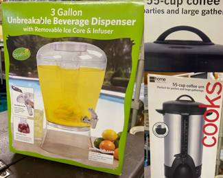 Several 3 Gallon Unbreakable Beverage Dispensers 
Cook’s 55 -Cup Coffee Maker 