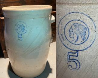 Louisville Pottery Indian Head Blue Cherokee Stoneware Butter Churn No 5 - Handle is Broke-Jar Only