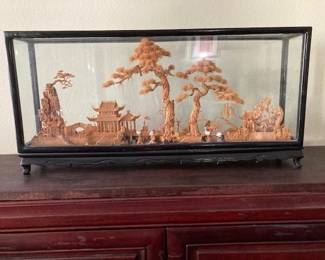Chinese Cork Diorama in Glass Case