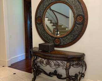 French Iron Leather Top Console Table