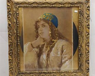 These are two prints of women that were in the same frame.  The original was reversed and used as a backing board for the later added Gypsy girl. We discovered her when we took it apart.  