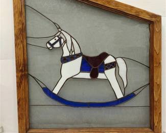 LEADED GLASS ROCKING HORSE IN TRAPEZOID WOOD FRAME