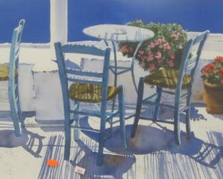  JOAN REEVES WATERCOLOR OF A BISTRO TABLE. WASHINGTON ARTIST