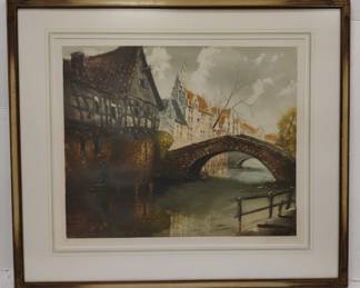 JACQUES PADROT BOUISSET COLORED PRINT OF EUROPEAN BUILDINGS AND STREAM