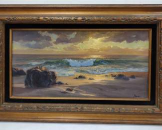 SEASCAPE OIL ON CANVAS BOARD. SIGNED LOWER RIGHT. 12"X24". Canvas has come loose from the backing. Board is convex 