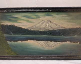 OLD PAINTING OF LANDSCAPE WITH MOUNTAIN