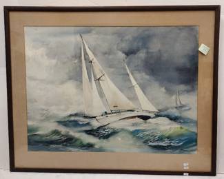 WATERCOLOR OF SCHOONERS IN ROUGH SEA. LIKELY A SCENE NEAR HAWAII