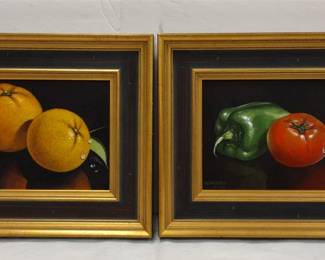  PAIR OF KENSINGER REALISM ACRYLIC PAINTINGS OF ORANGES AND PEPPERS