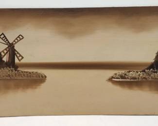 TURN OF THE CENTURY PAINTING ON PAPER FIBER PANEL OF A WINDMILL SCENE