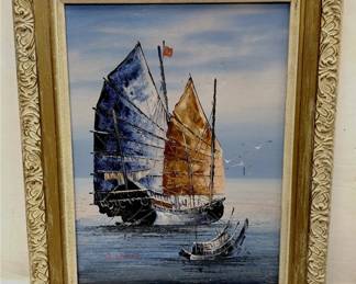 OIL ON CANVAS OF A CHINESE SHIP. SIGNED C. CHAN