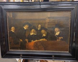 REMBRANDT'S "THE SYNDICS" PRINT ON CANVAS.  LARGE OLD PIECE, LOOKS THE REAL THING ON DISPLAY