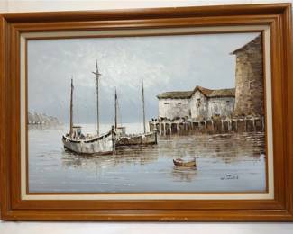 W. JONES  PAINTING ON CANVAS OF BOATS IN A HARBOR