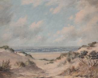 PAINTING ON CANVAS OF A SANDY OCEAN BEACH SCENE. SIGNED LOWER LEFT
