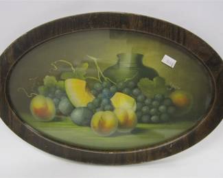 A METAL FAUX GRAIN OVAL FRAME WITH STILL LIFE PHOTOLITHO PRINT OF FRUIT