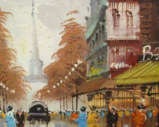 DEVITY 8 X 10" OIL ON CANVAS OF PARIS SCENE WITH EIFFEL TOWER IN THE BACKGROUND.