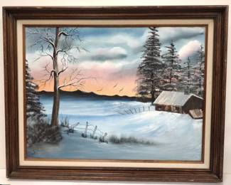  WINTER SCENE PAINTING WITH A CABIN SIGNED B.Y. 18 X 24".  ANOTHER PAINTING ON BACK OF CANVAS OF A MOUNTAIN