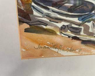 Framed & Matted Watercolor of Boat on Shore by Juanita Hagberg