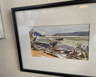 Framed & Matted Watercolor of Boat on Shore by Juanita Hagberg