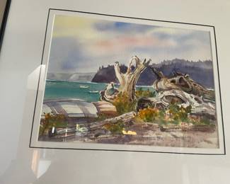 Framed & Matted Watercolor of Driftwood on the Shore by Diane Hill