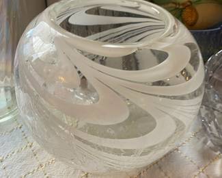 Blown Glass Round White & Clear Vase