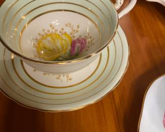 Victoria C & E Bone China Green & Gold Trim Teacup & Saucer