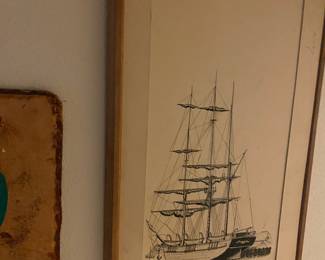 Framed Ink Drawing of Sailboat