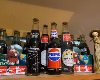 1980's Pepsi Longneck Bottle, Coca Cola "The Big Drive of '89 Montana" Bottle, 1990 Coke Around the World Set of 6