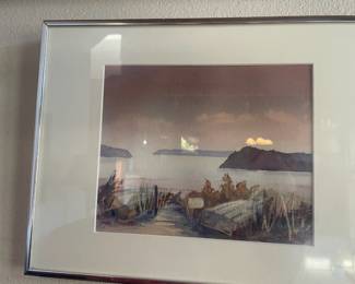 Framed & Matted Watercolor of Shoreline by Joan P