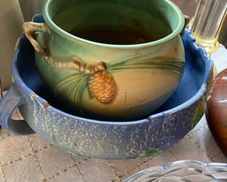 Roseville Pine Cone Turquoise Planter - 632-5, 1930s Roseville Fuchsia blue Jardinière Planter