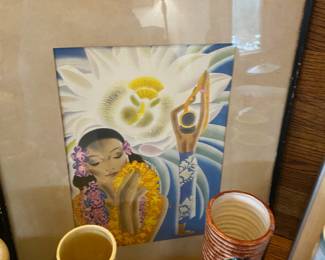 Frank MacIntosh Matson Line Hawaiian Menu Cover Print, Assortment of Tiki Hula Girl Glasses