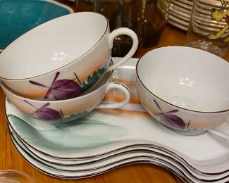 Meito China Hand Painted Japan Windmill Teacups with Trays Service for 4