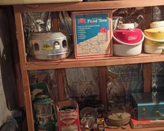 1996 Coleman Green Metal Cooler, Thermos Tent Heater, Regal Aluminum Food Tote, Coleman Green Double Mantle Light Lantern