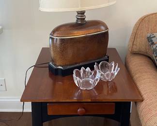 Wood side table , lamp , 2 pcs. Orrefors glass bowls