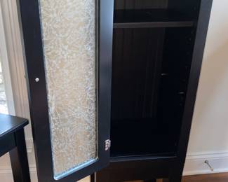 Small black wood hutch cabinet with frosted pane