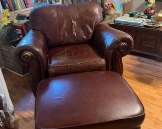 Burgandy leather chair w/matching ottoman.  $200 obo. Chair- 45x36.5x38. Ottoman- 31x17.5x24. All items available for pre-sale with pre-sale shopping appointments. Please text 985 507-6684 to schedule an appointment to shop before the scheduled sale. 