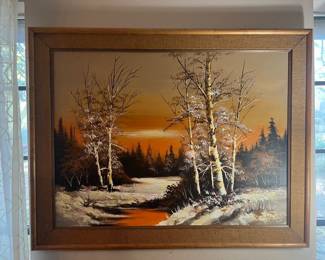 Large Winter Scene on canvas. Miller. 46.5x36. All items available for pre-sale with pre-sale shopping appointments. Please text 985 507-6684 to schedule an appointment to shop before the scheduled sale. 