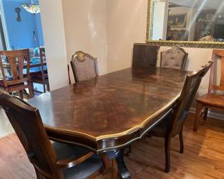 Formal Dining table w/4 chairs and 2 leaves. $750. Pictured with one leave. 90x43.5x31. All items available for pre-sale with pre-sale shopping appointments. Please text 985 507-6684 to schedule an appointment to shop before the scheduled sale. 