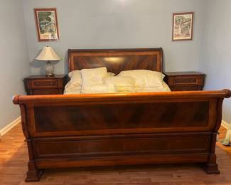 King Bed w/mattresses. Entire Set $1500. We also have matching dresser with mirror and 2 nightstands. All items available for pre-sale with pre-sale shopping appointments. Please text 985 507-6684 to schedule an appointment to shop before the scheduled sale. 