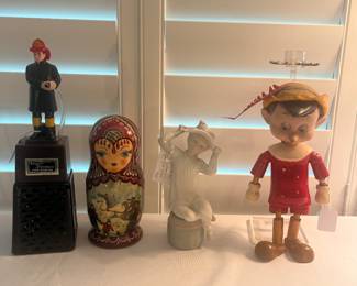 Firemen liquid dispenser, nesting doll, retired Lladro #1147, vintage Pinocchio doll
