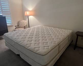 King Fox mattress w split twin box springs, metal bed frame, approx 6 y/o